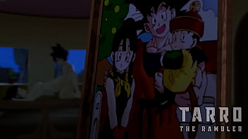 Gohan se coge a su madre mientras su padre los mira