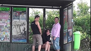 Extreme young busty woman fucked by 2 guys at a bus stop in the middle of a day Extreme young busty woman fucked by 2 guys at a bus stop in the middle of a day