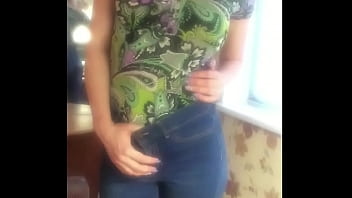 Naughty striptease in jeans nice ass big natural boobs tits breasts cellphone video at home