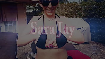 Sara jay in dark bikini takes her glass dildo deeply inside her