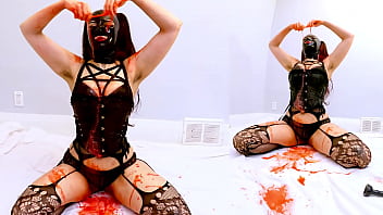 Red puke from deep throat practice split screen