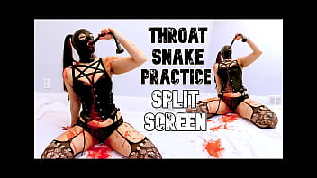 Red puke from deep throat practice split screen