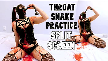 Red puke from deep throat practice split screen
