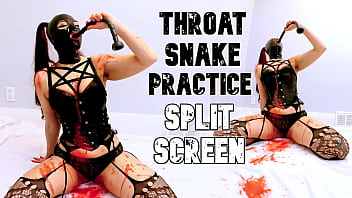 Red puke from deep throat practice split screen