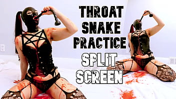 Red puke from deep throat practice split screen