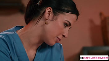 Brunette sexy masseuse seduces her blondie customer and make her cum