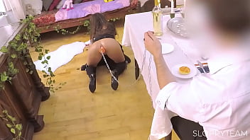 Anal maid soubrette with leash huge anal plug chained kneel and clean