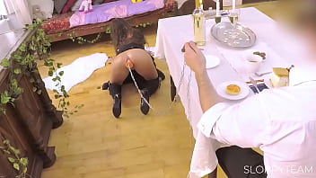 Anal maid soubrette with leash huge anal plug chained kneel and clean