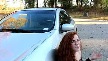 Nerdy red head gets fucked on car