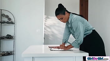 Busty nicole aria shows up at her former boss dana vespoli to get mature asian spanks and strapon fucks before fisting her pussy