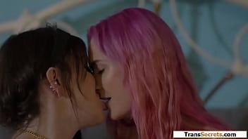 Busty tattooed shemale lena moon finally agrees to kiss her big tits pink haired bestie waited so long to suck her tgirl gfs trans cock