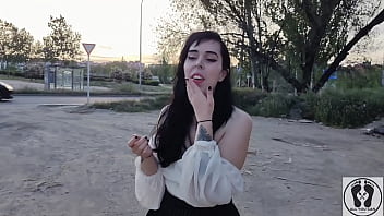 Nerdy girl gives car blowjob pov cum in mouth cum walking