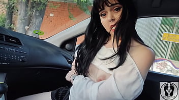 Nerdy girl gives car blowjob pov cum in mouth cum walking