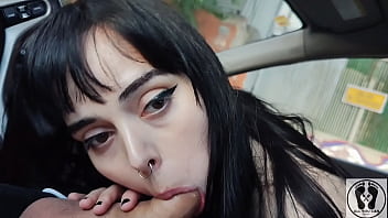 Nerdy girl gives car blowjob pov cum in mouth cum walking