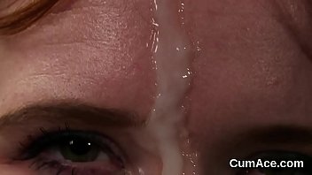 Slutty babe gets jizz shot on her face swallowing all the ejaculate