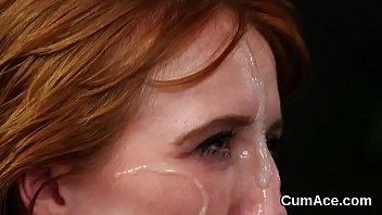 Slutty babe gets jizz shot on her face swallowing all the ejaculate