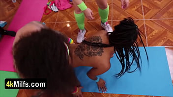 Special yoga session with three busty housewives