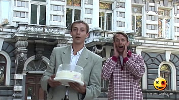 Naked and funny hold the cake pants rip red thong