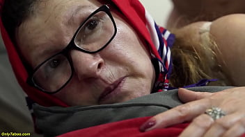 Nymphomaniac 67 years old mature with glasses and headscarf enjoys a wild ass fucking ride with big dick doore salesman