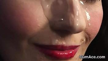 Nasty beauty gets cum shot on her face gulping all the jism
