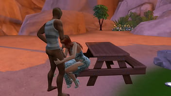 Young redhead girl fucks a guy outside