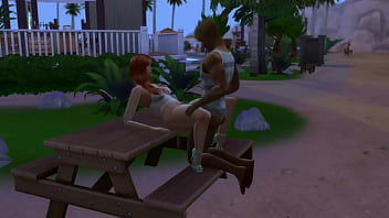 Young redhead girl fucks a guy outside