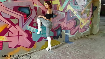 Walking and teasing in my white boots