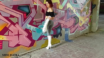 Walking and teasing in my white boots
