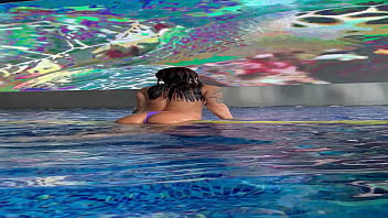 Monika fox in purple bikini swims in pool & poses by window against background of city free