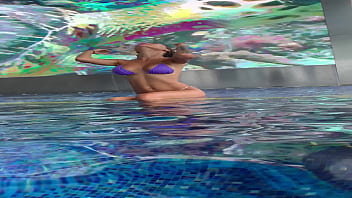 Monika fox in purple bikini swims in pool & poses by window against background of city free