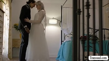 Shemale bride and her future husband are in the room having sex and her brides maid joins start fucking on the bed in threesome way