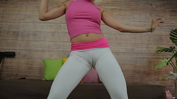 Beautiful puffy cameltoe on petite body tight white leggings