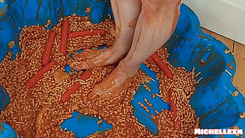 Thick blonde gets covered in food