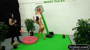 Guy in blindfold fucks twat with a dildo