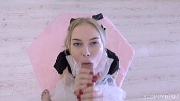 Insane blowjob big cock deep throat drool sloppy messy pigtails blonde