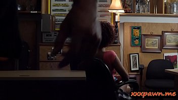 Ebony babe flashes big tits and banged at the pawnshop