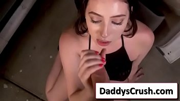 Horny brunette with cock in hands do blowjob