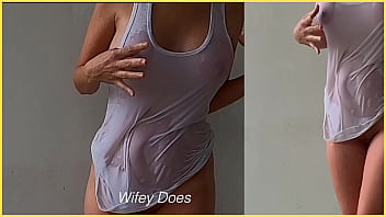 Sample milf has braless exposure to water