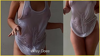 Sample milf has braless exposure to water