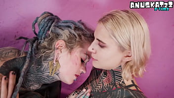 Tattooed alt girls having wild lesbo fun with strap on