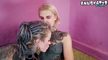 Tattooed alt girls having wild lesbo fun with strap on