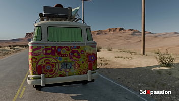 Psychedelic roadside sex vibes in a painted van sloppy blowjob reverse cowgirl missipnary & cumshot