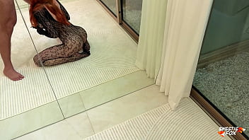 Redhead beauty in fishnet bodystocking passionate fucking on the floor till cum on ass sweetie fox