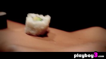 Two horny teens have lesbian sex after naked sushi