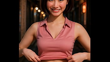 路地裏で日本人女性が胸を見せる