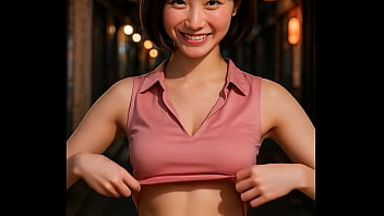 路地裏で日本人女性が胸を見せる