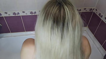 Obedient slave washed his hair jerked off his hair and finished on his head