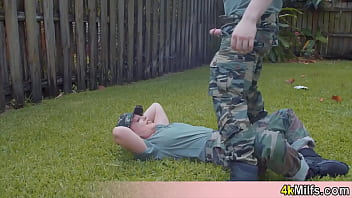 Uniformed chick getting a special training