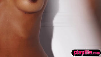 Petite black cougar strips and reveals her irresistible naked figure in front of a mirro