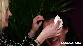 Sexy beauty gets cum shot on her face swallowing all the sperm